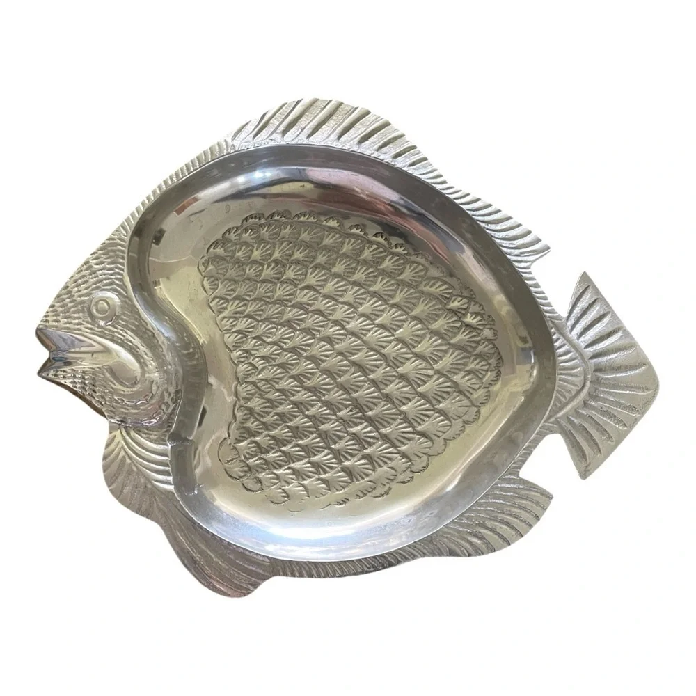 Pewter Fish Serving Tray, Silver-Tone, Embossed and Detailed.